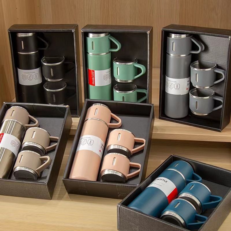 Stainless Steel Vacuum Flask Set (3 Cups) | Hot & Cold Insulated Bottle
