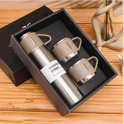 Stainless Steel Vacuum Flask Set (3 Cups) | Hot & Cold Insulated Bottle