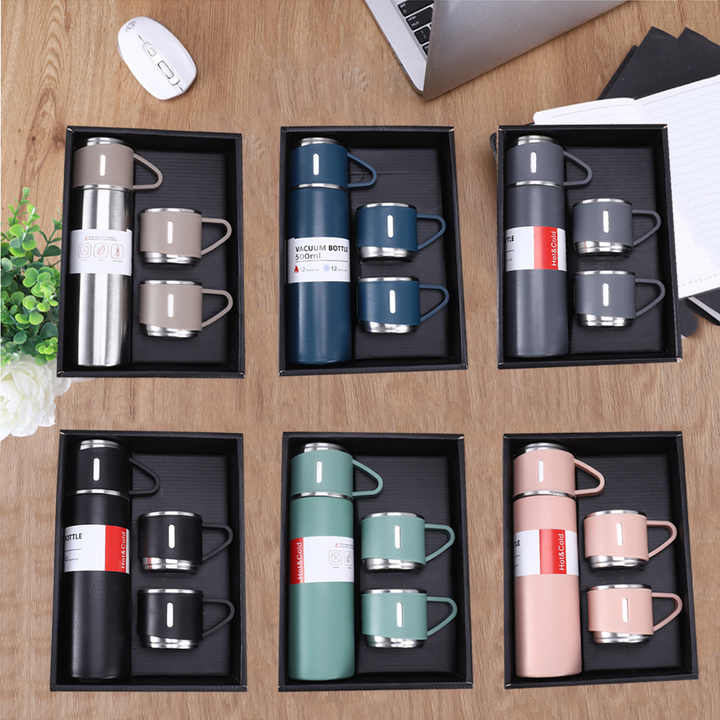 Stainless Steel Vacuum Flask Set (3 Cups) | Hot & Cold Insulated Bottle