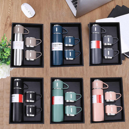 Stainless Steel Vacuum Flask Set (3 Cups) | Hot & Cold Insulated Bottle