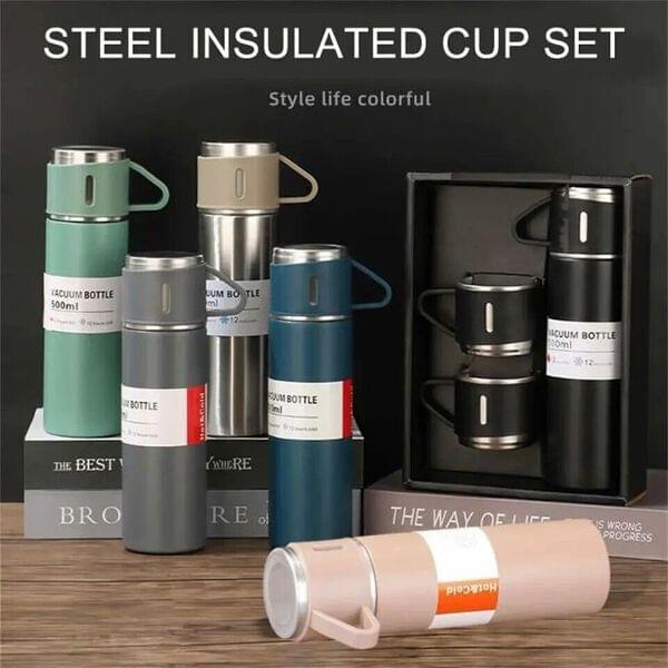 Stainless Steel Vacuum Flask Set (3 Cups) | Hot & Cold Insulated Bottle