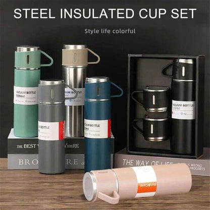 Stainless Steel Vacuum Flask Set (3 Cups) | Hot & Cold Insulated Bottle