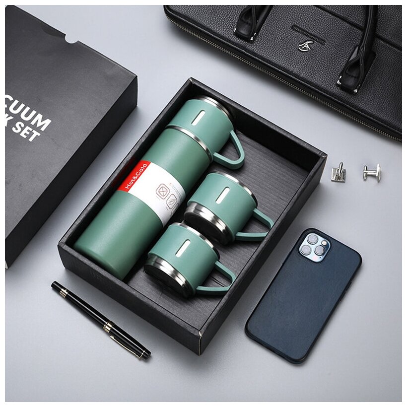 Stainless Steel Vacuum Flask Set (3 Cups) | Hot & Cold Insulated Bottle