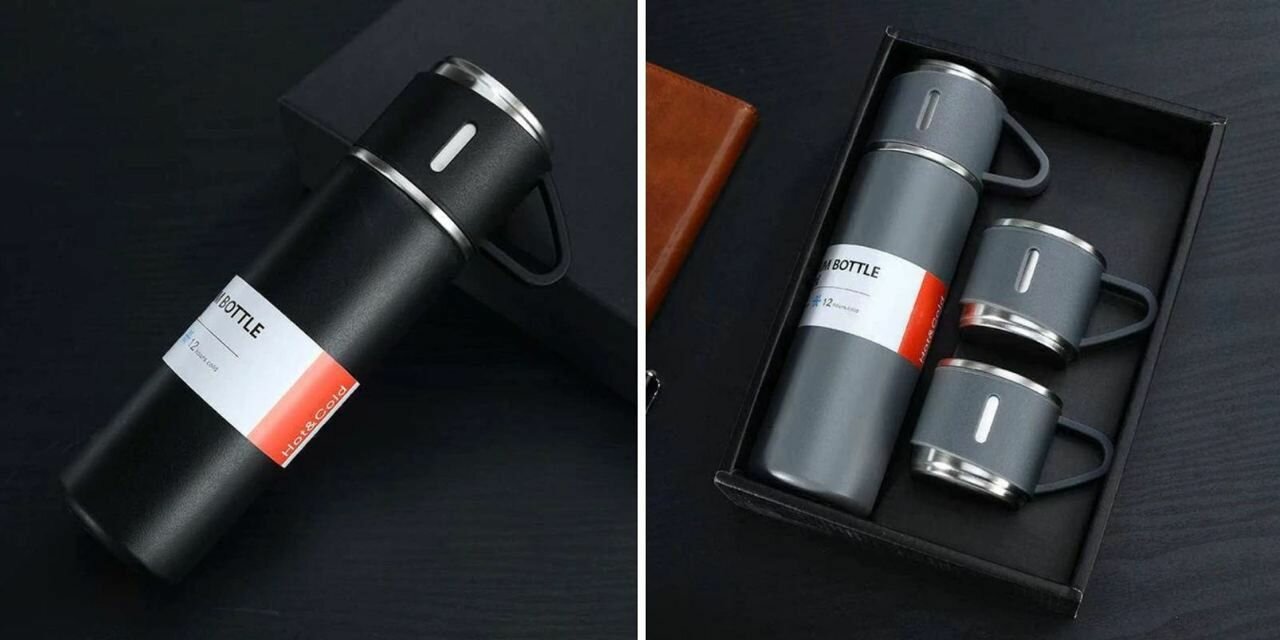 Stainless Steel Vacuum Flask Set (3 Cups) | Hot & Cold Insulated Bottle